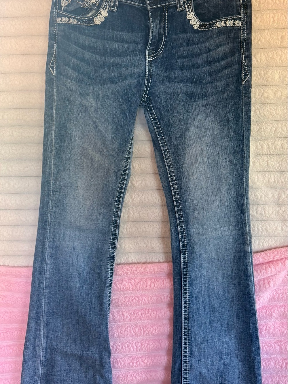 Grace Medium Blue Flare Jeans with Contrast Stitching